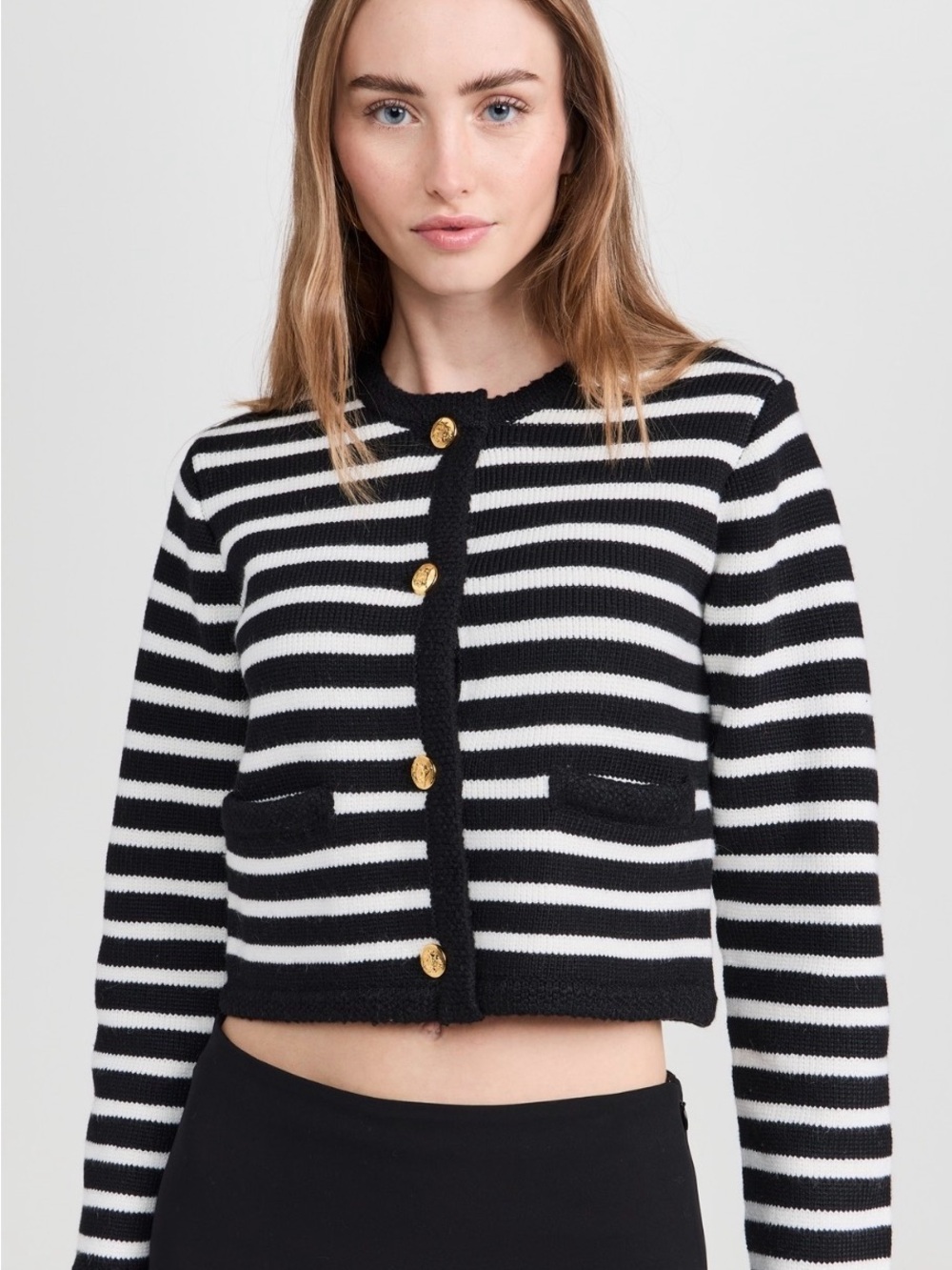 English Factory Black & White Striped Cropped Knit Cardigan with Gold Buttons